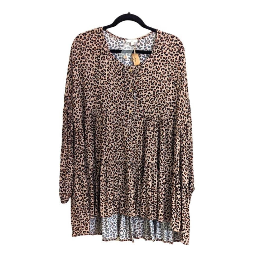 Earl Leopard Print Babydoll Long Sleeve‎ High Low Blouse/Top Tan/Black Size L